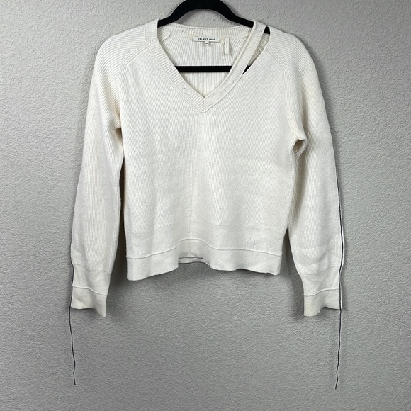 Helmut Lang Distressed V Neck Sweater Cut Out Rib Knit Off White Sz XS - Picture 6 of 16